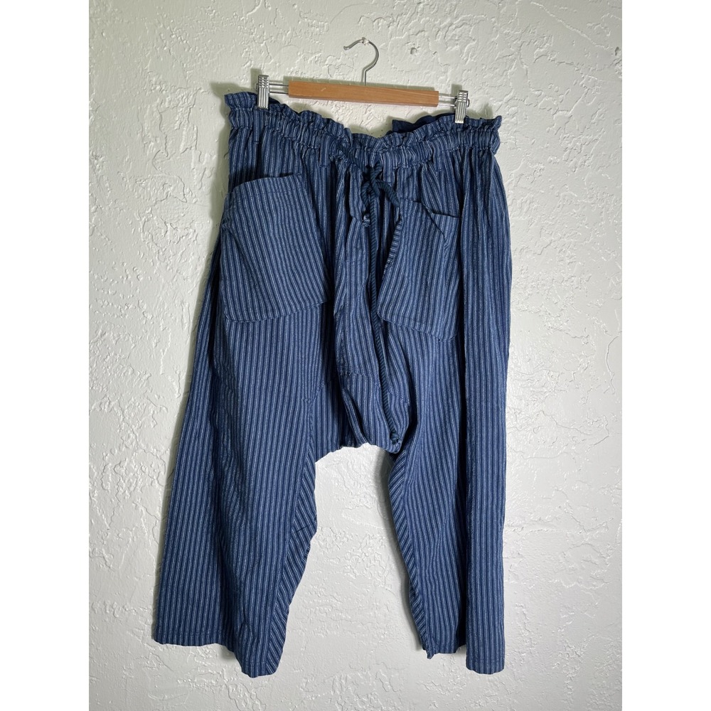 Free People Striped Harem Pants Size L Blue Drop Crotch Boho Baggy